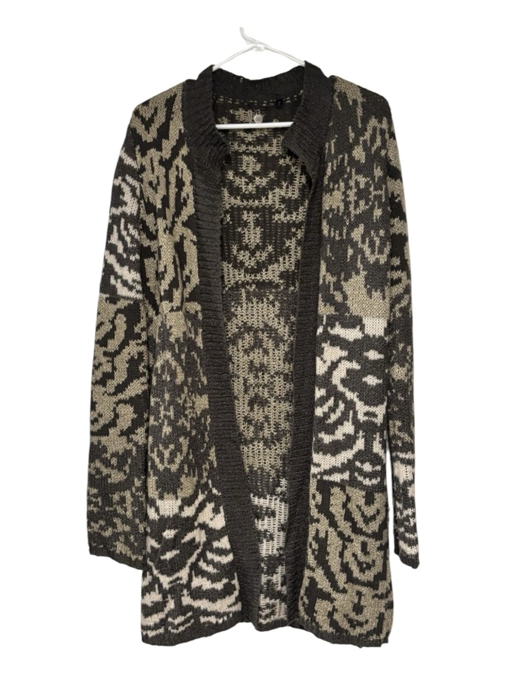 BKE Open-Front Patterned Cardigan Sweater - Black, Cream, Olive